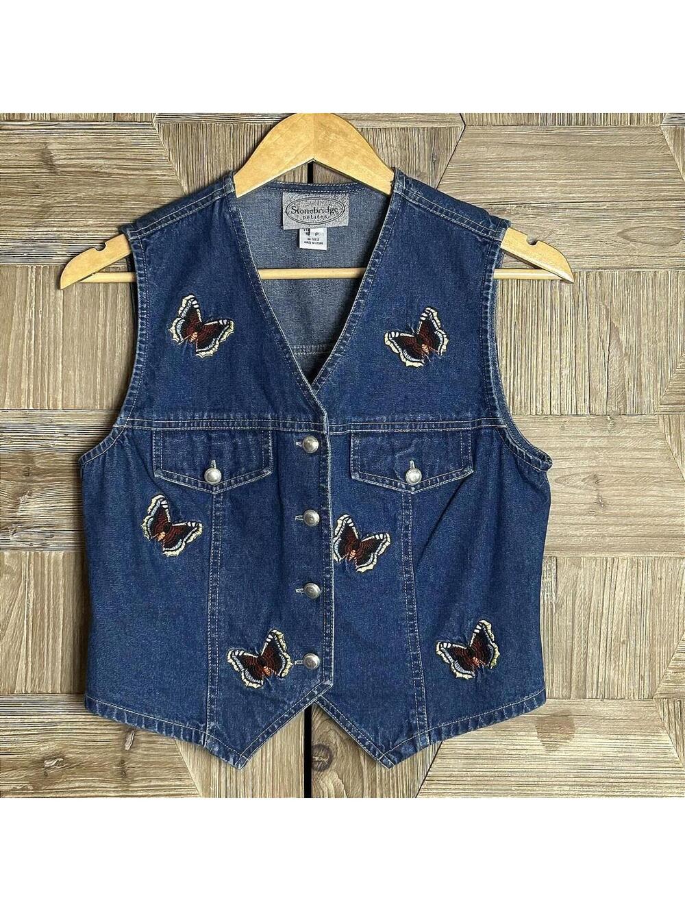 Vintage Stonebridge Western Y2K Denim Butterfly Vest Size SP Retro Bohochic